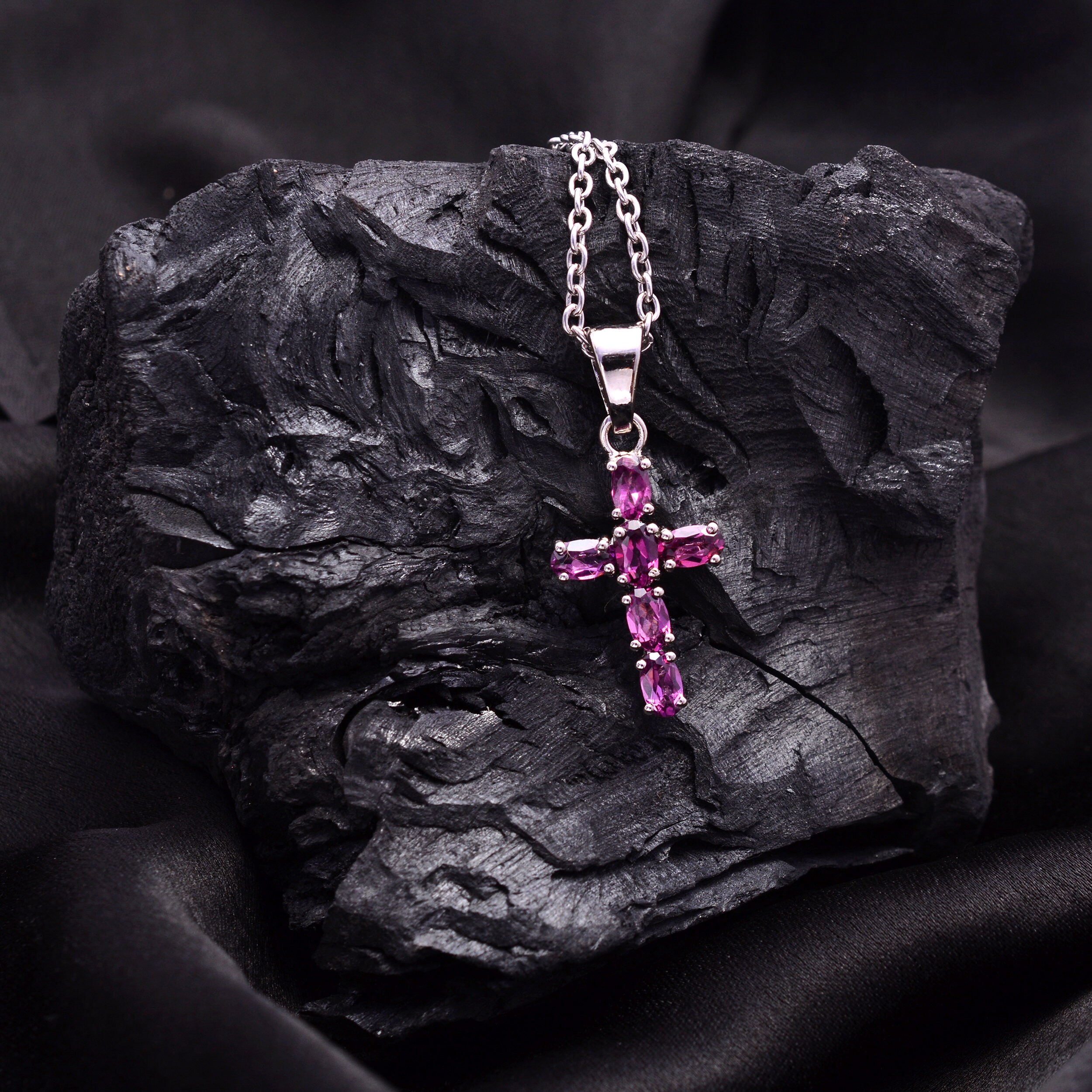 Natural AAA+ Rhodolite Garnet Cross Pendant ~925 Sterling Silver