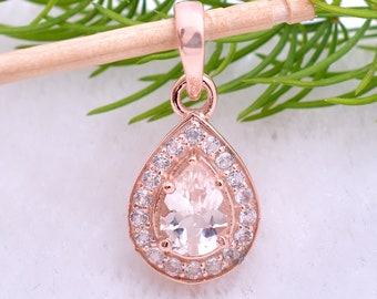 Rose Gold Natural Morganite 925 Sterling Silver Pear Drop Pendant ~Natural Morganite Silver Handmade Pendant Necklace Jewelry For Her~YBH285