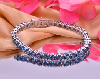 Natural London Blue Topaz Tennis Bracelet ~ 925 Sterling Silver Dainty Bracelet ~ Blue Topaz Handmade Jewelry ~ Valentine's Gift For Her