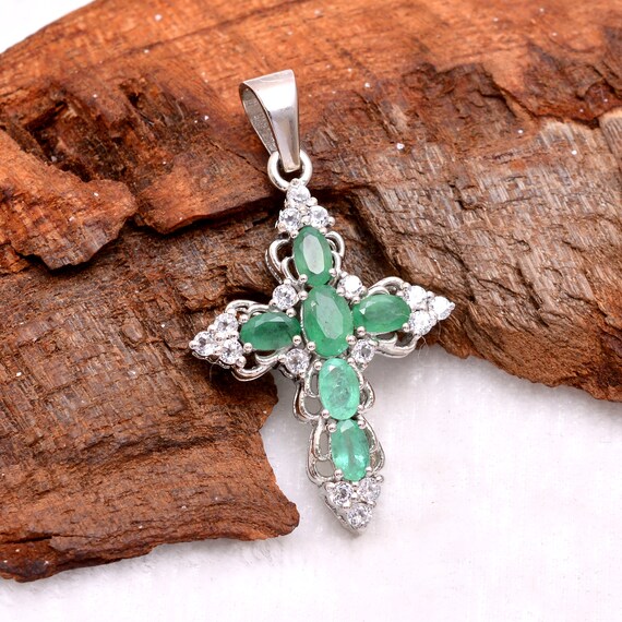 Natural AAA+ Emerald Cross Pendant ~ 925 Sterling Silver Pendant