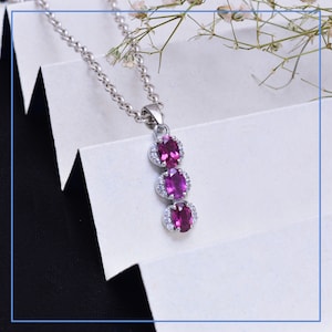 Natural Rhodolite Garnet 925 Silver Fancy Line Necklace ~ Sterling Silver Rhodolite Handmade Bar Pendant ~ Vertical Bubble Pendant ~ RB077