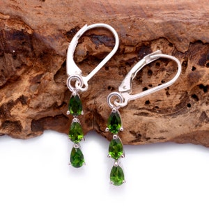 Natural Chrome Diopside Pear Drop Earrings 925 Sterling Silver ~ Chrome Gemstone Silver Dangle Fine Earrings Pair ~Lever Back Hook ~ SR011
