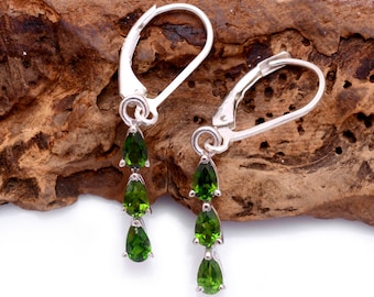 Natural Chrome Diopside Pear Drop Earrings 925 Sterling Silver ~ Chrome Gemstone Silver Dangle Fine Earrings Pair ~Lever Back Hook ~ SR011