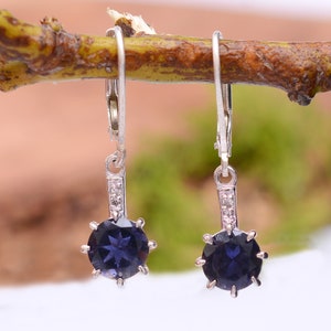 Gemstone 925 Sterling Silver Round Earrings ~ Natural Iolite Gemstone Silver Dangle Fine Handmade Earrings Pair ~ Lever Back Hooks ~ SAG4155