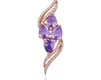 Rose Gold 925 Sterling Silver Solitaire Pendant Necklace for Women ~ Pear Cut Zircon Jewelry ~ Silver Pendant with Purple Cubic Zirconia