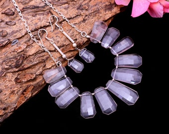 925 Sterling Silver Rose Quartz Gemstone Handmade Fashion Dainty Necklace / Earrings Pair ~ Natural Pink Rose Quartz Fancy Shape Jewelry Set