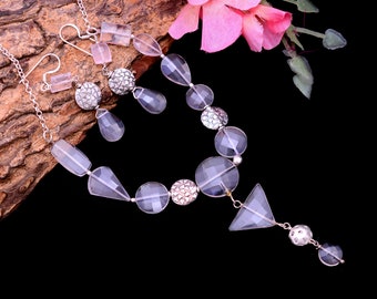 Rose Quartz Jewelry Set ~ Sterling Silver Handmade Fashion Necklace / Earrings ~ Natural Pink Rose Quartz Mix Shape Jewelry Set ~ Gift Ideas