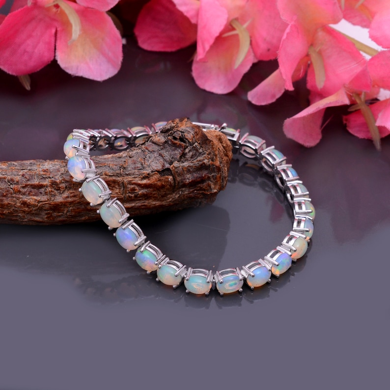 925 Sterling Silver Ethiopian Fire Opal Gemstone Bracelet Natural Ethiopian Welo Opal 7x5mm Oval Tennis Bracelet Dainty Handmade Jewelry image 6