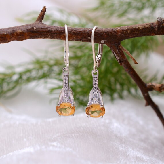 Natural Yellow Citrine Fancy Earrings Pair 925 Sterling Silver