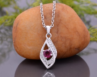 925 Sterling Silver Gemstone Pendant ~ Natural Rhodolite Garnet Necklace ~ Handmade Wedding Jewelry Gift For Women ~ June Birthstone ~ ECH02