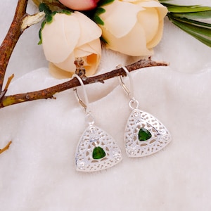 Chrome Diopside Gemstone Sterling Silver Trillion Earrings ~ Natural Diopside Silver Dangle Handmade Earring Pair ~ Lever Back Hooks ~ STP06
