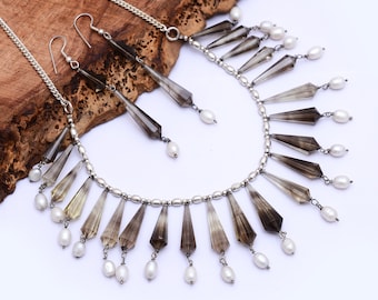 Ensemble de bijoux en argent sterling 925 à quartz fumé ~ Collier de quartz fumé authentique ~ Bijoux fantaisie fumés en argent sterling ~ Collier de déclaration