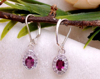 Natural Rhodolite Garnet Oval Earrings Sterling Silver ~ Garnet Gemstone Silver Dangle Earrings Pair ~ Lever Back Hooks ~ Gift Ideas ~ STP01