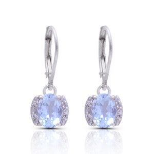 Natural Aquamarine 925 Sterling Silver Oval Earrings ~ Aquamarine Gemstone Handmade Silver Dangle Earrings Pair ~ Lever Back Hooks ~ RK125