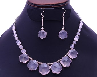 Rose Quartz Jewelry Set ~ Natural Pink Rose Quartz Fancy Flower Carving Jewelry Set ~ Sterling Silver Handmade Fashion Necklace / Earrings