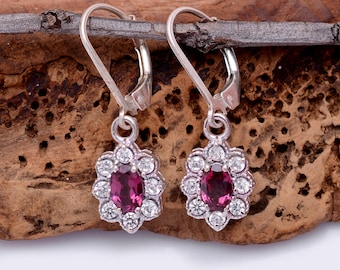 Natural Rhodolite Garnet 925 Sterling Silver Flower Earrings ~ Garnet Gemstone Silver Dangle Handmade Earrings Pair ~Lever Back Hook ~ STP16