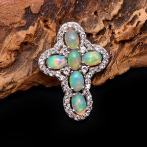 Natural Ethiopian Welo Opal Cross Sterling Silver Pendant ~ AAA+ Ethiopian Fire Opal 925 Silver Cross Pendant Jewelry Gifts For Her ~ RS014