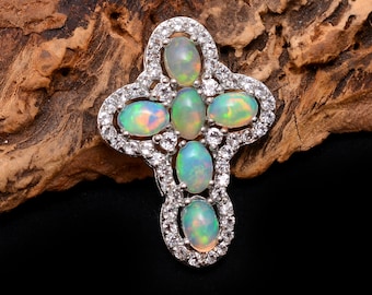 Natural Ethiopian Welo Opal Cross Sterling Silver Pendant ~ AAA+ Ethiopian Fire Opal 925 Silver Cross Pendant Jewelry Gifts For Her ~ RS014