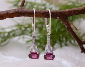 Naturlig Rhodolit Granat Fina Örhängen Par 925 Sterling Silver ~ Ädelsten Granat Dingla Örhängen Smycken ~ Lever Back Hook ~ SAG4096