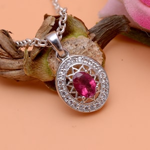 Natural Rubellite Tourmaline Sterling Silver Oval Pendant ~ AAA+ Pink Tourmaline 925 Silver Fine Necklace ~ Handmade Jewelry Gifts For Women