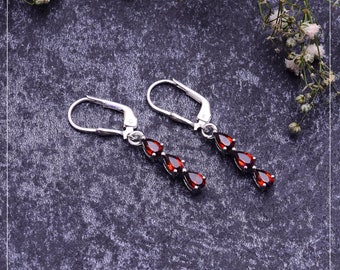 Natural Red Garnet Pear Drop Earrings 925 Sterling Silver ~ Garnet Gemstone Silver Dangle Fine Earrings Pair ~ Lever Back Hooks ~ SR011