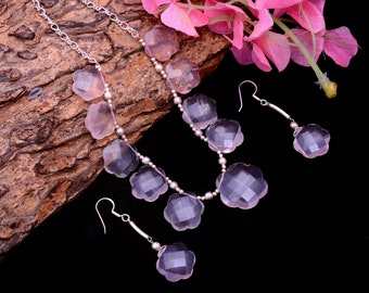 Conjunto de joyas de talla de cuarzo rosa ~ Conjunto de joyas de talla de flores de fantasía de cuarzo rosa natural ~ Collar / pendiente de moda hecho a mano de plata 925