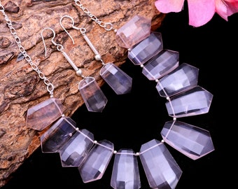 Rose Quartz Jewelry Set ~ 925 Sterling Silver Handmade Dainty Necklace / Earrings Pair ~ Natural Pink Rose Quartz Fancy Shape Jewelry Set
