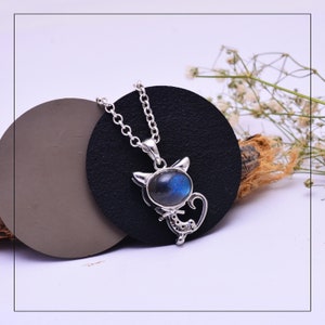Blue Fire Labradorite Sterling Silver Necklace Jewelry ~ Silver Cat Shape Pendant ~ Labradorite Pendant Gift For Love ~ Animal Pendant ~ 20