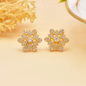 925 Sterling Silver Gold Plated Snowflake Earrings ~ Cubic Zirconia with Silver Stud Earring ~ White Zircon Earrings Jewelry Ideas for Women