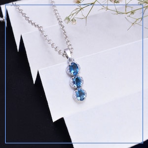 Sterling Silver London Blue Topaz Long Bar Pendant ~ Vertical Bubble Pendant ~ Natural Blue Toapz 925 Silver Line Pendant Necklace ~ RB077