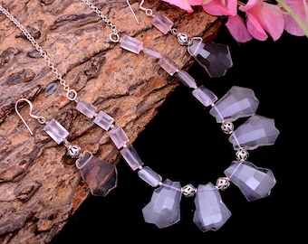 Rose Quartz Jewelry Set ~ Natural Pink Rose Quartz Fancy Shape Jewelry Set ~ 925 Sterling Silver Handmade Fashion Necklace / Earrings Pair