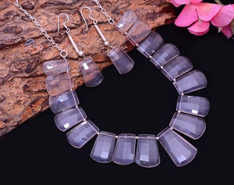 64 gram ~ Rozenkwarts sieraden set ~ Sterling zilveren handgemaakte mode ketting / oorbel ~ Natuurlijke Rozenkwarts roze fancy vorm sieraden set