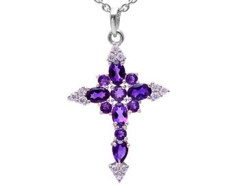 Natural Amethyst Cross Sterling Silver Pendant ~ African Amethyst 925 Silver Cross Fine Pendant Necklace Jewelry Gift Ideas For Her ~ RS013