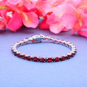 Natural Red Garnet Tennis Bracelet ~ 925 Sterling Silver ~ Red Garnet 6x4mm Oval Cut Bracelet ~ Handmade Fine Jewelry ~ Wedding Gift Ideas