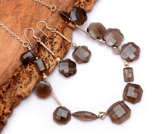 Parure de bijoux en argent sterling avec quartz fumé : collier et boucles d'oreilles faits main