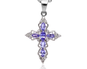 Natural AAA+ Tanzanite Gemstone 925 Sterling Silver Cross Pendant ~ Tanzanite Gemstone Fine Handmade Pendant Necklace Gift For Her ~ RS018