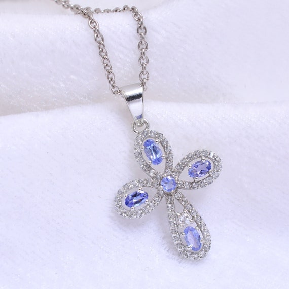 5.74ctw Pear Shape And Round Tanzanite Sterling Silver Cross Pendant With  Chain | Sterling silver cross pendant, Sterling silver cross, Silver cross