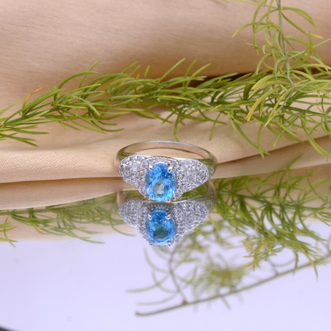 925 Sterling Silver Blue Topaz Ring ~ Natural Topaz Fancy Oval Ring ...
