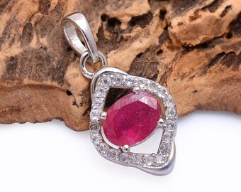 Sterling Silver Ruby Handmade Pendant ~ Ruby 925 Silver Pendant Necklace ~ Natural Ruby Precious Gemstone Fine Jewelry Gift For Her ~ ESP27