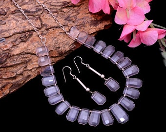 37 Grams ~ Rose Quartz Jewelry Set ~ Natural Rose Quartz Pink Fancy Shape Jewelry Set ~ Sterling Silver Handmade Fashion Necklace / Earring