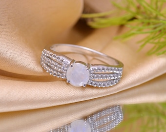 White Moonstone 925 Sterling Silver Ring ~ Statement Ring ~ Natural Moonstone Gemstone Round Fancy Ring ~ Promise Ring ~ Exclusive Ring