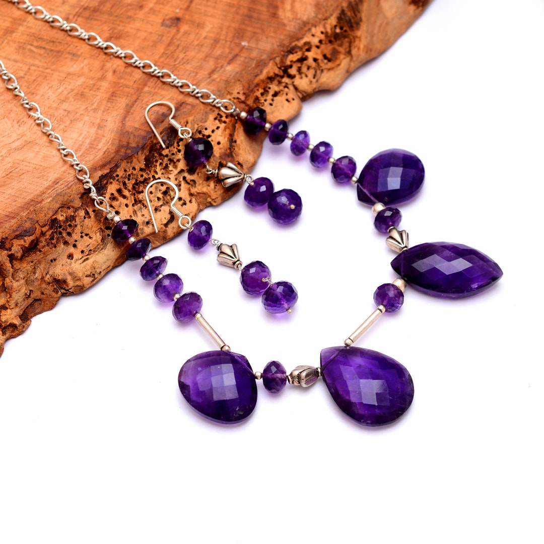 edelstein schmuck echt 44 Gramm ~ Natürlicher Amethyst Edelstein Fancy Form Silber Schmuck Set