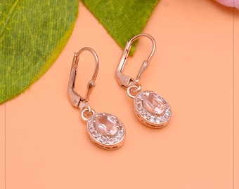 Sterling Silver Morganite Rose Gold Oval Earrings ~ Morganite Gemstone Fine 925 Silver Earrings Pair ~ Lever Back Hooks ~ Gift Ideas ~ STP01