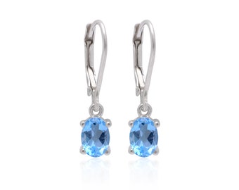 Natural Swiss Blue Topaz 925 Sterling Silver Oval Earrings ~ Topaz Gemstone Dangle Handmade Earrings Pair Jewelry ~ Lever Back Hook ~ RK4078