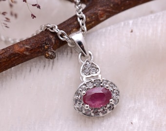 Natural Ruby Gemstone Sterling Silver Oval Pendant ~ Ruby Gemstone 925 Silver Pendant Necklace Handmade Gift For Her ~July Birthstone~ STP03