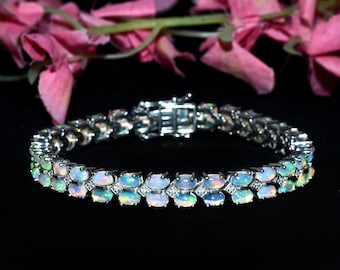 AAA+ Natural Ethiopian Welo Opal Double Line Oval Tennis Bracelet ~ 925 Sterling Silver Opal Gemstone Bracelet ~ October Birthstone Jewelry