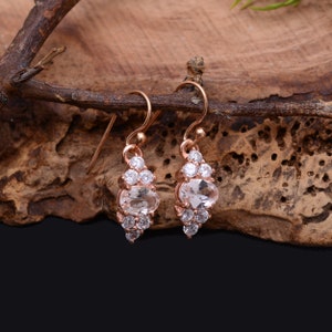 Rose Gold Natural Morganite &quot;C&quot; Shaped Earrings Pair 925 Sterling Silver ~ Morganite Dangle Fine Earrings Jewelry ~ Ear Wire Hooks ~ SRP41