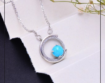 Turquoise Necklace ~ 925 Sterling Silver Turquoise Pendant With Chain ~ Round Circle Shape Pendant ~ Natural Gemstone ~ Unique Jewelry ~ 14