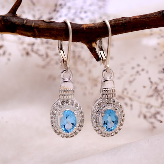 Boucles D'oreilles Topaze Sky Argent Massif 925 - Clous - Neuf Avec étiquettes