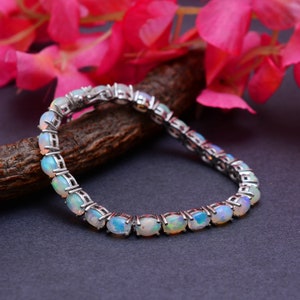 925 Sterling Silver Ethiopian Fire Opal Gemstone Bracelet ~ Natural Ethiopian Welo Opal 7x5mm Oval Tennis Bracelet ~ Dainty Handmade Jewelry